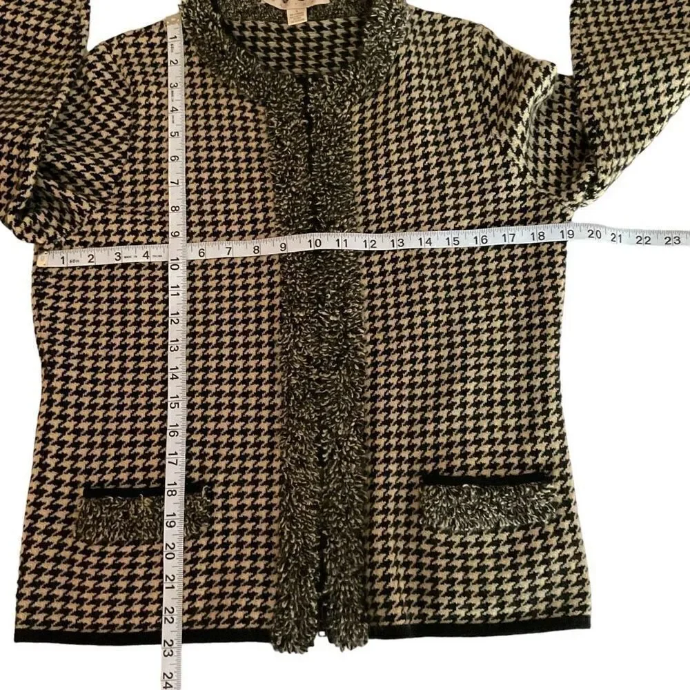 Belford Cardigan Cashmere Black Tan Houndstooth Loop Fringe Trim Zip Front Large
